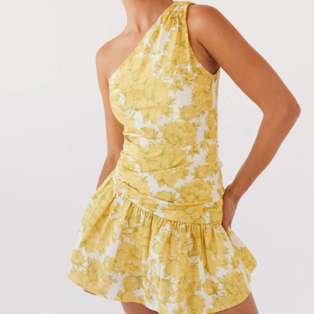One Shoulder Mini Dress, Yellow Floral, Size 2 NWT
